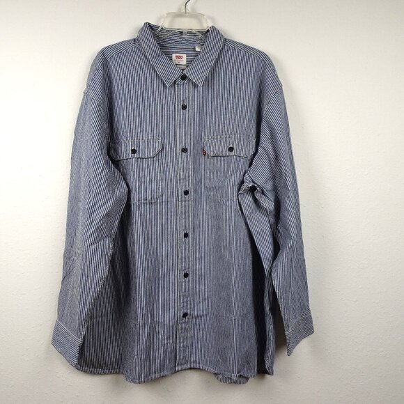 Levi's Button Up Shirt Men's Size 2XL Blue White Stripe Overshirt Relaxed Fit - Picture 1 of 10